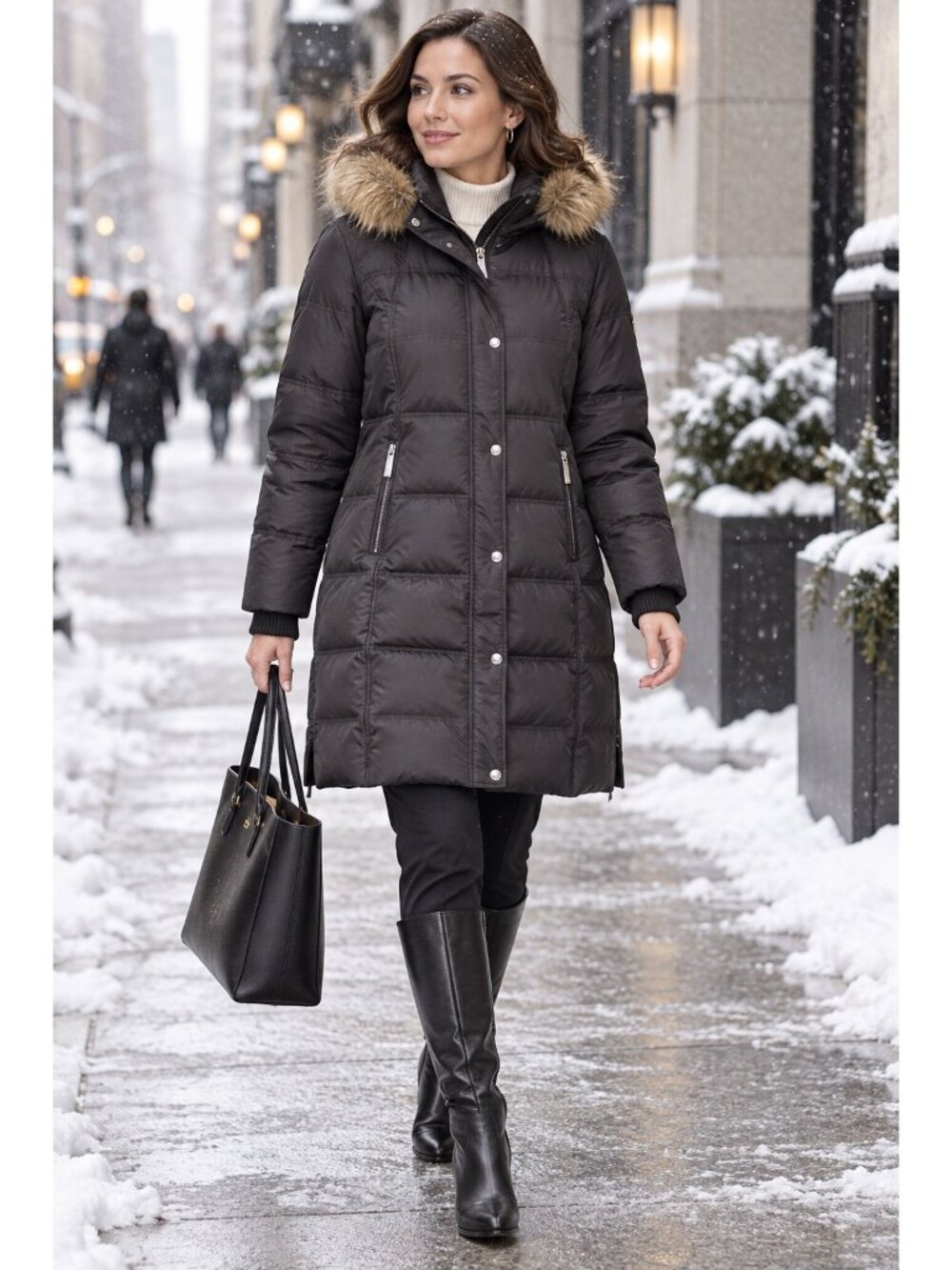 Michael Kors Womens M Black Down Puffer Coat Removable Faux Fur Trim Long